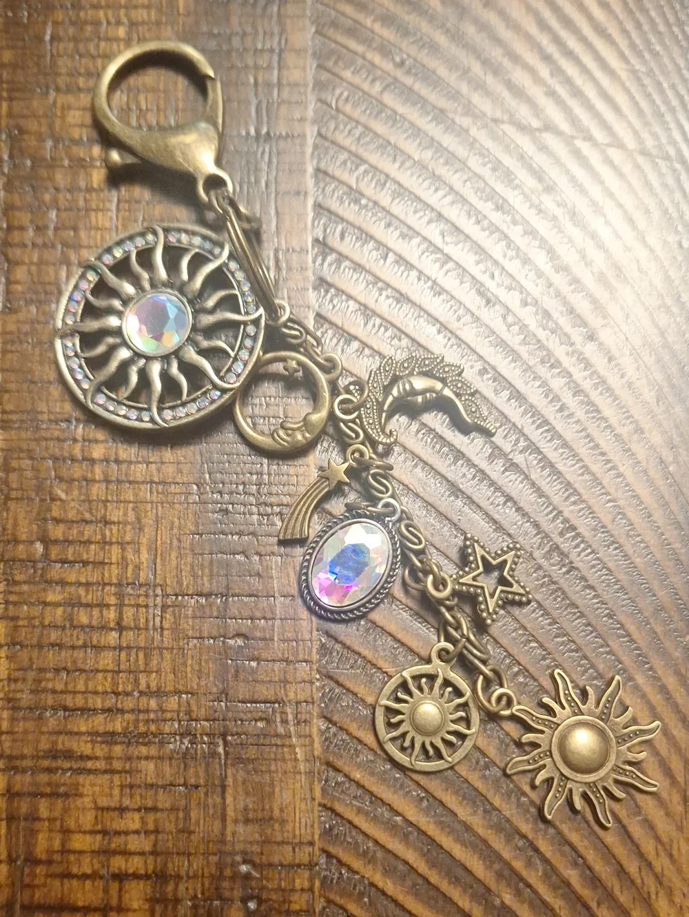 Bronze Celestial Sun & Moon Charm Keychain Bag Charm with Iridescent Crystals